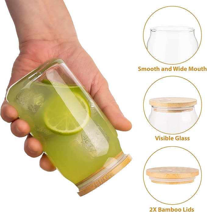 Glass Cups with Lids and Straws, 16 Oz - Set of 2 Reusable Iced Cold Coffee Tumblers - Clear Glass Bottle for Water with Bamboo Lids