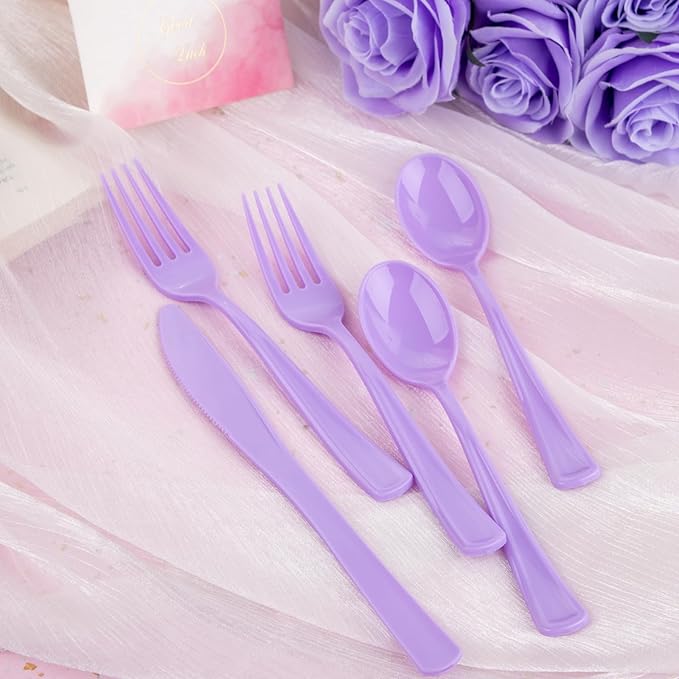 WDF 160 Piece Purple Plastic Silverware - Heavy Duty Purple Silverware Includes 80 Forks, 40 Spoons, 40 Knives, Lavender Plastic Utensils Perfect for Wedding, Party