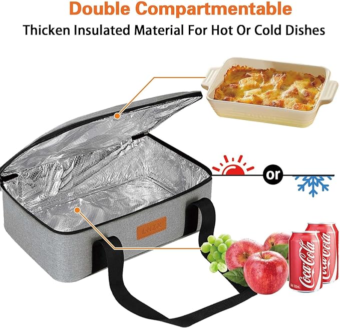 LHZK Insulated Casserole Carriers for Hot or Cold Food, Lasagna Holder Tote for Potluck Parties, Beach, Picnic, Travel, Fits 11x15 or 9x13 Dish (Grey)