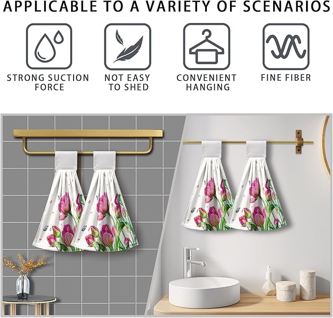 Pink Tulip Flower Hanging Kitchen Towels Spring Floral Hand Towels with Hanging Loop Set of 2 Decorative Summer Tea Towel Soft Absorbent Dish Tie Towels for Bathroom Kitchen 12x17 Inches