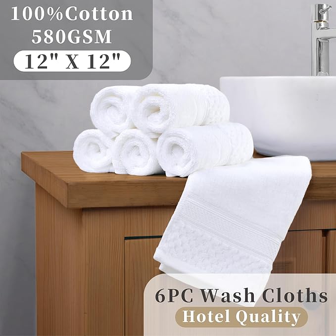 VOOVA & MOVAS Luxury Hotel-Grade Washcloths 6PC (12"X12",580GSM)- 100% Cotton, Ultra-Soft & Highly Absorbent, Long-Lasting Durability, Body and Face Wash Cloths, Face Towels for Bathroom,Solid White