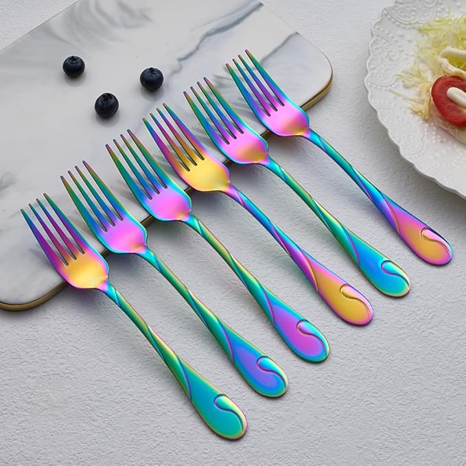 Rainbow Salad Fork Set, 6.9-inch Stainless Steel Dessert Forks, 6-Piece Shiny Metal Small Cake Fork, Iridescent Silverware Set, Dishwasher Safe