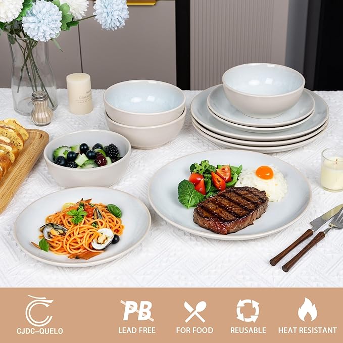 Plates and Bowls Sets for 6 - CJDC-QUELO 18-Piece Stoneware Dinnerware Sets, Ceramic Dishware Set for Kitchen Use and Formal Dining, Chip and Scratch Resistant Microwave Dishwasher Safe, Off White
