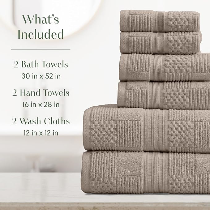 Springtree Home 100% Cotton Bathroom Towel Set | 6 Piece Set - Brown Bath Towels | Geometric Textured Design | Absorbent & Quick-Dry | Oeko-TEX® Standard 100 Cotton | Myla Collection - Cobblestone