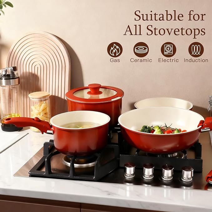GiPP 5PCS Pots and Pans Set Non Stick, Nonstick Cookware Set Detachable Handle,Ceramic Pots for Cooking Non Stick with Removable Handle, RV Cookware Set, Red Black Gradien
