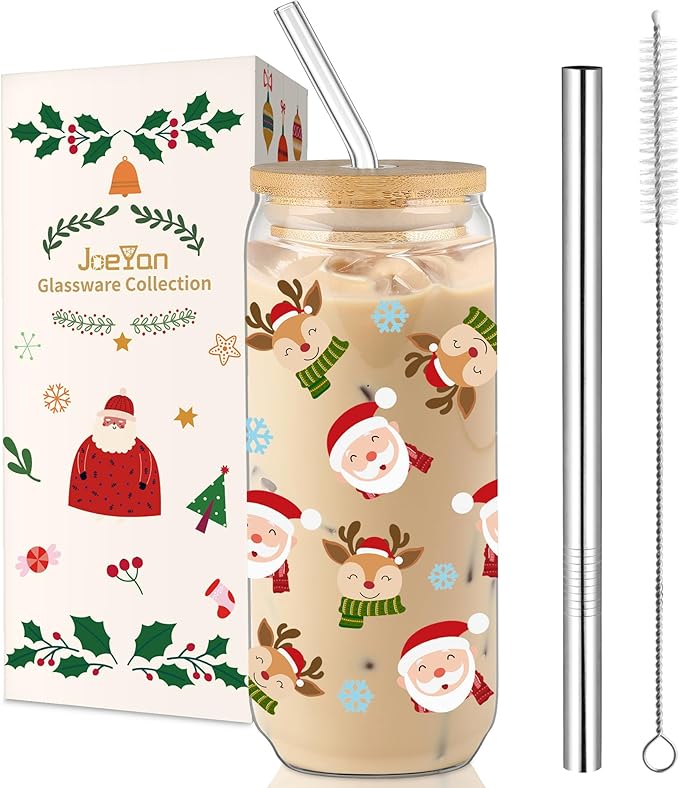 Joeyan Christmas Glass Cups with Lids and Straws,20 oz Iced Coffee Tumbler with Santa Claus and Elk Patterns,Cute Can Shaped Beer Drinking Glasses,Holiday Gifts for Women Mom Friend