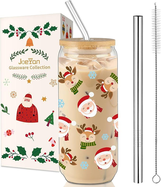 Joeyan Christmas Glass Cups with Lids and Straws,20 oz Iced Coffee Tumbler with Santa Claus and Elk Patterns,Cute Can Shaped Beer Drinking Glasses,Holiday Gifts for Women Mom Friend