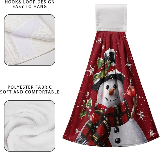 Snowman Xmas Hanging Kitchen Towels Winter Holiday Dish Towel with Hanging Loops Christma Hand Tie Towels Soft Absorbent for Bathroom Home Tabletop Decor 12x17 Inch Set of 2