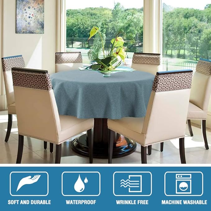 H.VERSAILTEX Linen Textured Tablecloth Round 70 inch Waterproof Decorative Table Cloth Spill-Proof Linen Look Cover for Party Table Extra Soft and Thick Fabric Wrinkle Free, Heather Stone Blue