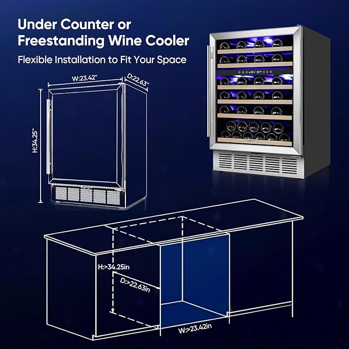24 Inch Wine Cooler Refrigerator, 46 Bottle Dual Zone Wine Fridge with Stainless Steel Glass Door, Adjustable Shelves, Upgraded Compressor, Built-In Freestanding for Home, Bar, Kitchen