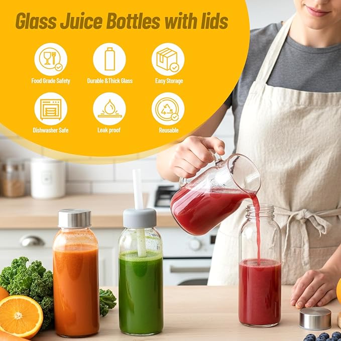 10 oz Clear Glass Bottle with Lid, Reusable Glass Water Bottles with Stainless Steel Cap & Straws for Juicing, Milk, Ginger & Smoothies, Refrigerator, Leak-Proof, Juice Containers Set of 8