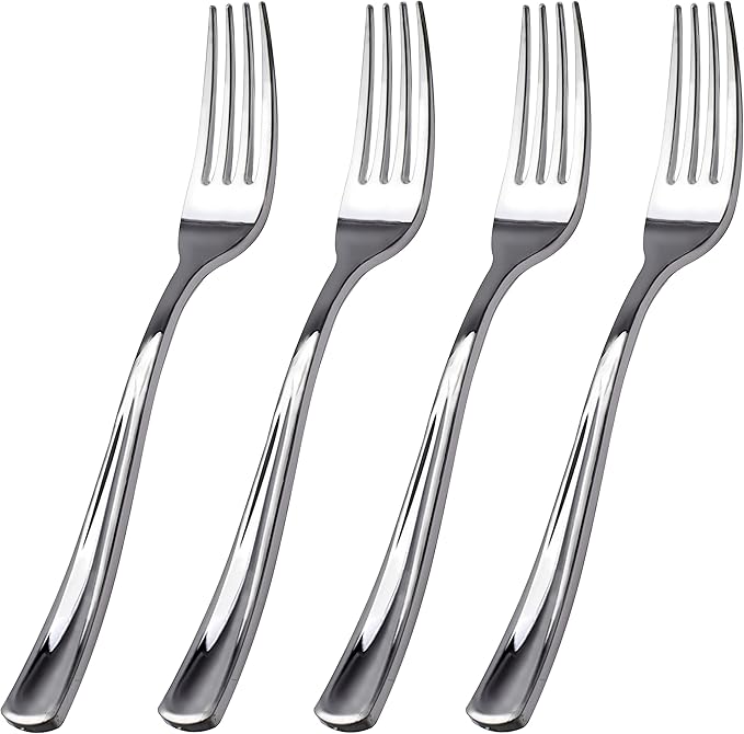 WDF 100 Piece Silver Plastic Forks - 7.4inch Silver Forks Disposable - Plastic Silverware for Dessert Cake - Heavy Duty Plastic Cutlery for Christmas Party or Daily Using