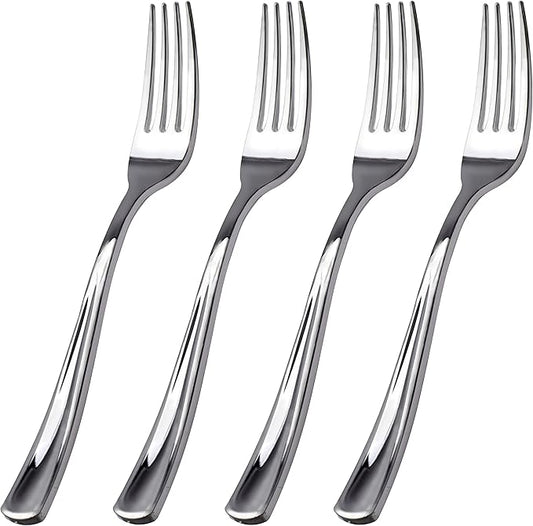 WDF 100 Piece Silver Plastic Forks - 7.4inch Silver Forks Disposable - Plastic Silverware for Dessert Cake - Heavy Duty Plastic Cutlery for Christmas Party or Daily Using