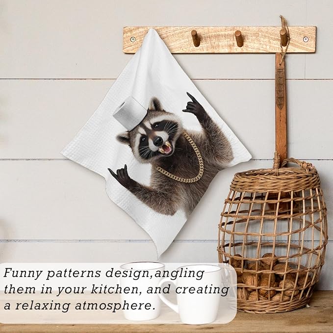 13x13 Cute Raccoon Kitchen Towels 1 PCS, Funny Racoon Gifts for Women, Raccoon Decor Hand Towels for Bathroom, Cute Animal, Women, Pet Owners Housewarming-03
