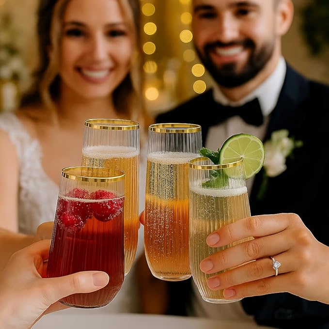 48 Pack Ribbed Origami Ripple Plastic Glasses, 24 9 Ounce Stemless Champagne Flutes & 24 12 Ounce Cups, BPA-Free Disposable Shatterproof Toasting Glasses for Weddings, Bars, and Events (Gold Rim)