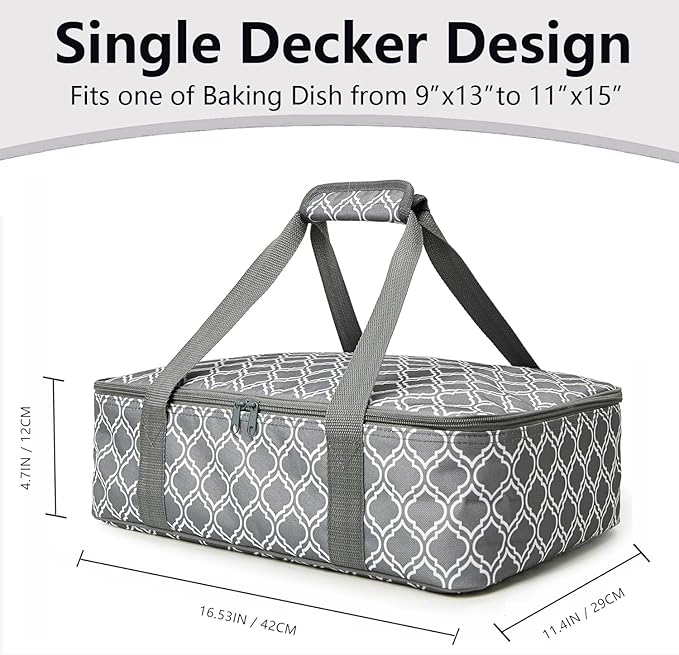 Insulated Casserole Carrier Bag - Portable Reusable Food Transport Tote Bag Fits 9x13" Lasagna Baking Dish Pan to Keep Food Hot/Cold for Gathering/Potluck Parties/Cookout/Camping/Offices-Silver Gray