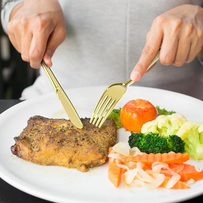 100 Count Heavy Duty Gold Plastic Forks Disposable, BPA-Free, Heat Resistant, Solid and Durable Premium Plastic Disposable Forks for Party Supply