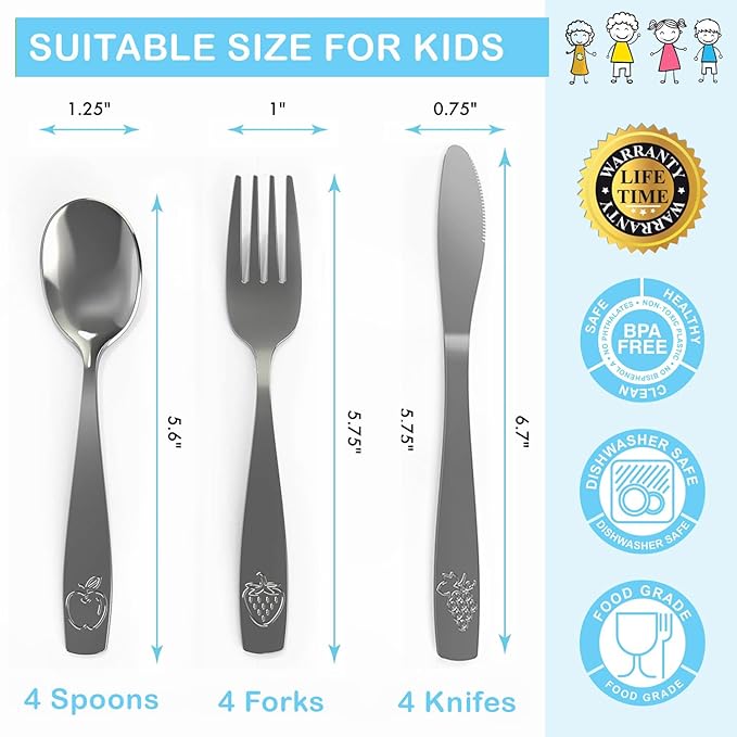 CHILLOUT LIFE Stainless Steel Kids Silverware Set 15 Pieces - Child and Toddler Safe Flatware - Kids Utensil Set - Metal Kids Cutlery Set Includes 5 Small Kids Spoons, 5 Forks & 5 Knives