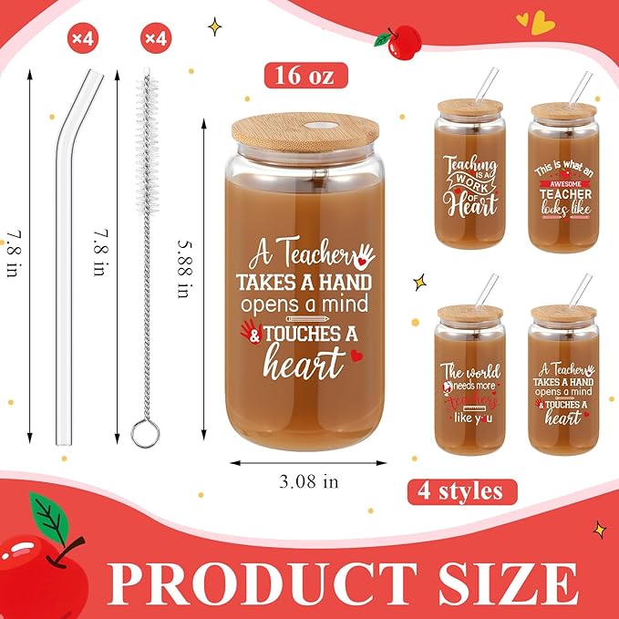 4 Pcs 16 oz Christmas Teacher Gifts for Women Teacher Appreciation Gifts Thank You Coffee Cup Tumbler Drinking Glass Beer Cups with Bamboo Lids Glass Straw Cleaning Brush for Employee Staff(Inspiring)