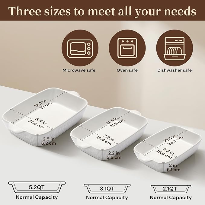 Bakeware Casserole Oven Dishes Baking - 3pcs Ceramic Rectangular Oven Serving Sets,（10.3/12.4/14.7）Stoneware Cookware Pan, Porcelain White Thanksgiving Ware for Cooking Lasagna (Red)