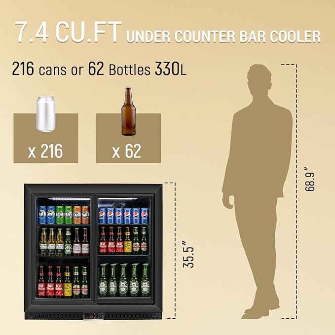 Commercial Back Bar Cooler with 2 Glass Sliding Doors, 7.4 cu.ft Under Counter Beverage Refrigerator, LED Lighting - ETL Beer and Wine Cooler for Bar, Restaurant, Garage, Office, Home