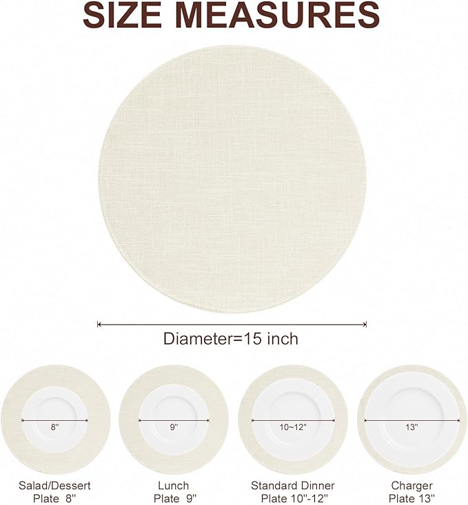 homing 15 Inch Round Cloth Placemats Set of 6, Cotton Linen Blend Washable Table Mats, Farmhouse Dining Place Mats for Indoors & Outdoors, Easy to Clean, Cream
