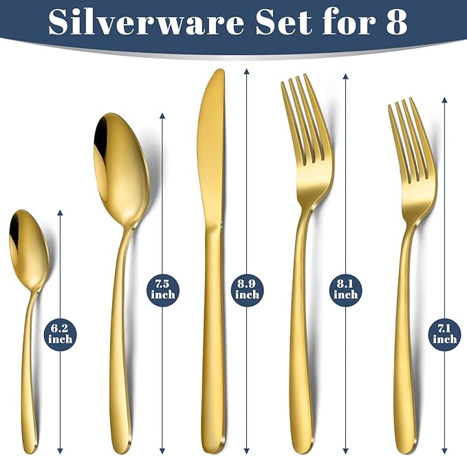 Gold Silverware Set - 40PCS Stainless Steel Silverware Set for 8, Includes Forks Spoons and Knives, Utensil Sets for Home Kitchen Restaurant, Dishwasher Safe