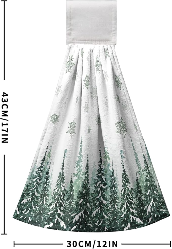 Winter Pine Trees Hanging Kitchen Towels 2pcs Snowflakes Hand Towel with Hanging Loop Winter Green Snow Tie Towels Soft Absorbent Dish Towel Decorative for Kitchen Farmhouse