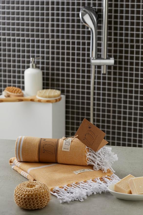 Hand Towels - Set of 2, 18" x 30" inches, Decorative Peshtemal Cotton Hand Towels for Kitchen, Bath, Guest, Face, Hair, Gym, Yoga, Dishcloth, Travel (Mustard Yellow)