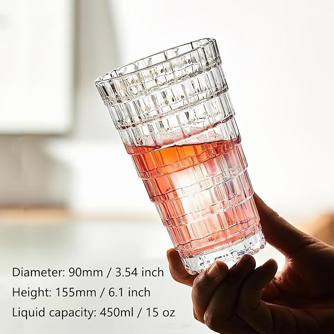 Vintage Drinking Glasses Set of 6, Mojito Glass Cups Stackable Water Tumbler, for Beer, Cocktail, Whiskey, Juice & Mixed Drinks. (15 OZ)