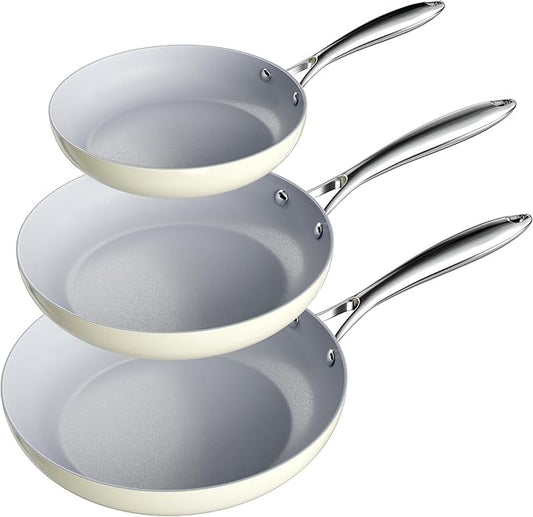Verel Ceramic Nonstick Frying Pan Set 3 Piece - 8, 10 and 12 Inch Non Stick Fry Skillet Pans, Non Toxic, Dishwasher and Oven Safe