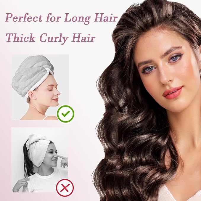 Microfiber Hair Towel Wrap, 2Pack Thickened Drying Hair Wraps Towels with Button. Super Absorbent Drying Hair Towel Wrap for Curly Hair, Anti Frizz Towel for Women. (Pink+ Gray)