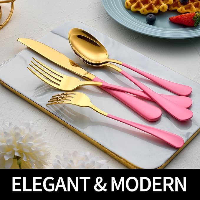 20-Pieces Gold and Pink Silverware Sets for 4,Pink Handle Stainless Steel Cutlery Set, Include Forks Spoons and Knives Set, Dishwasher Safe Utensil Sets for Home Restaurant