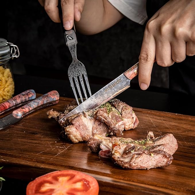 Seido Knives Kaze VG10 Damascus Steel Steak Knives - 4-Piece Straight-Edge with Solid Wood Handle