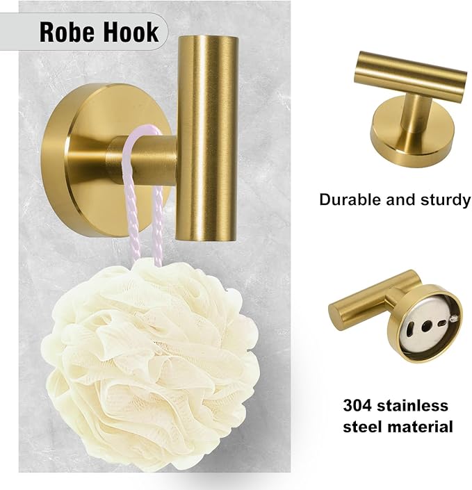 5-Piece Towel Racks for Bathroom, Stainless Steel Bathroom Accessories Set, Bathroom Towel Holder Wall Mounted, Sturdy Bath Towel Bar Set Bathroom Hardware Set (Brushed Gold, 2 Pillar Paper Holder)