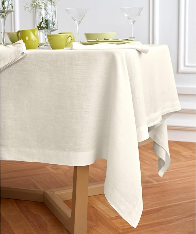 Solino Home Ivory Linen Tablecloth 70 x 132 Inch - 100% Pure Linen Rectangular Tablecloth - Machine Washable Table Cloth for Holiday, New Year - Sonoma