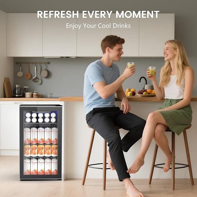 26 Bottle Wine Cooler 130 Can Beverage Refrigerator, Small Freestanding Cabinet Wine Cellar with 40℉-61℉ Temperature Control Glass Door, Black