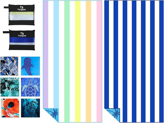 2 Pack Microfiber Lightweight Thin Beach Towel Sand Free Quick Dry Super Absorbent Large Towels for Swimming Pool Yoga Gym Travel Vacation Beach Accessories Essentials Stripes