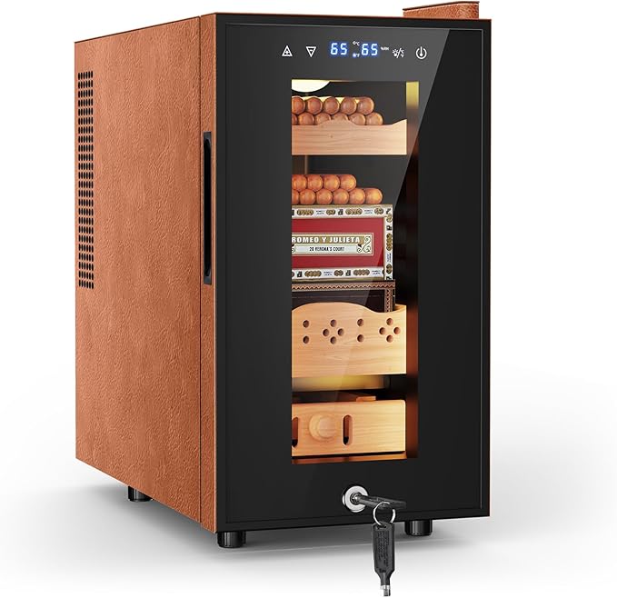 Tylza Leather Trim Cigar Humidor, 25L Cigar Humidor Cabinet with Auto Humidity & Temp Control, 220 Counts, 3 LED Lights, Spanish Cedar Wood, Cigar Humidors with Safety Lock, Gifts for Men