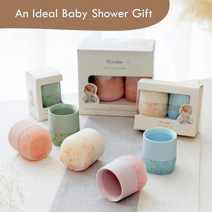 Moonkie Silicone Baby Cups 4 Months+ | Tiny Open Training Cups for Infants with Confetti Sprinkles | Baby-Led Weaning Essential | 2 oz (Ether/Ivory, 2 Pack)