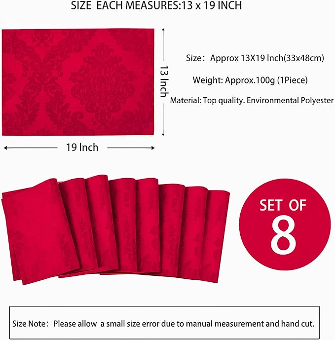 Place Mats Set of 8 – Rectangle Rectangular Waterproof Fabric Polyester Cloth Washable Wipeable Heat Resistant Placemats for Kitchen Dining Dinner Table Indoor 13 X 19 Inch Red