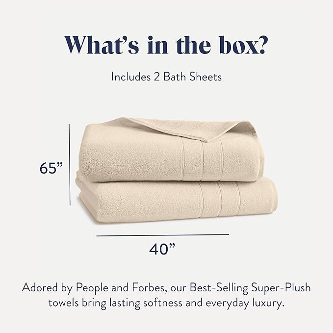 Brooklinen Super-Plush Turkish Cotton Bath Sheets - Set of 2 - Cotton, 820 GSM, Highly Absorbent, Machine Washable, Perfect for Home & Bathroom (40" x 65", Vanilla)