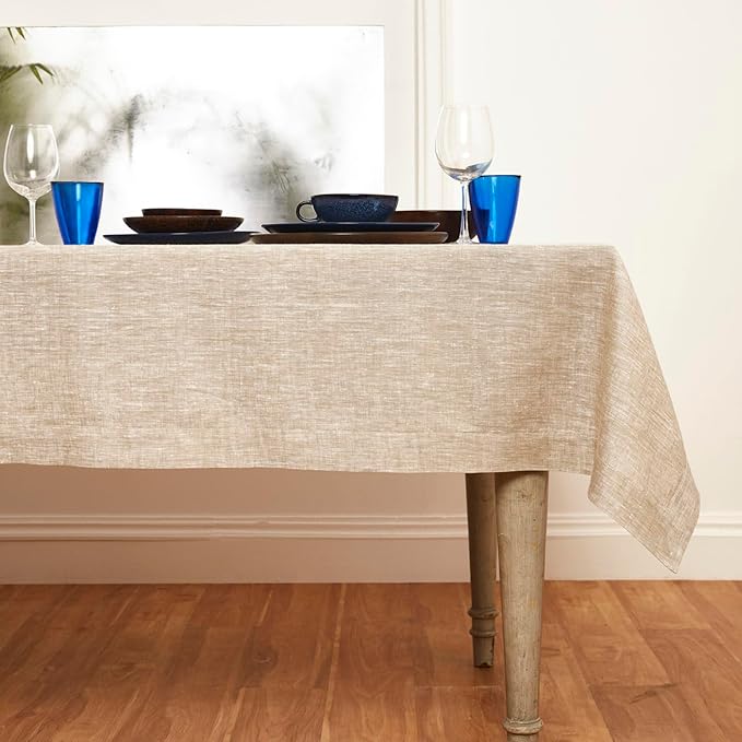 Solino Home Linen Tablecloth 60 x 120 Inch - 100% Pure Linen Champagne Beige Table Cloth for Rectangular Tables - Athena, Machine Washable Cloth Tablecloth for Holiday, New Year