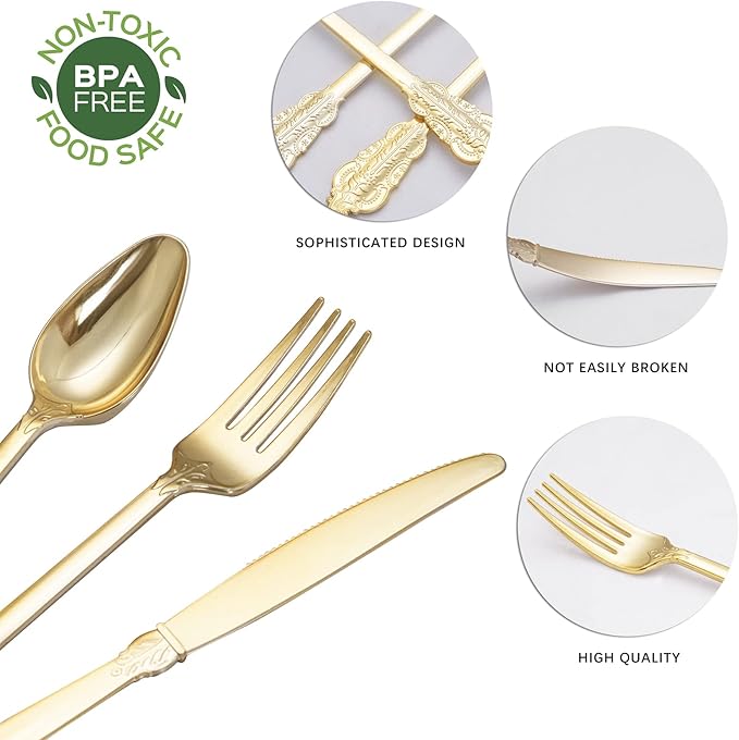 NOCCUR 180PCS Gold Plastic Cutlery Set - Gold Plastic Silverware Disposable - Include 60 Forks, 60 Spoons, 60 Knives - Perfect for Wedding/Fall Party/Thanksgiving