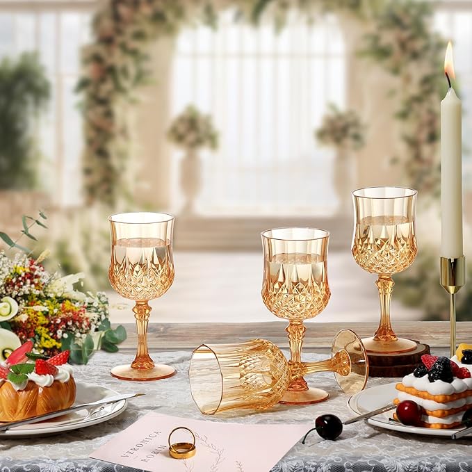 XUWAIDSGN 48 Pcs 7oz Plastic Vintage Wine Glasses Drinking Glasses Unbreakable Wedding Glassware Crystal Water Goblets Reusable Drinkware Vintage Champagne Flutes (48, Amber)