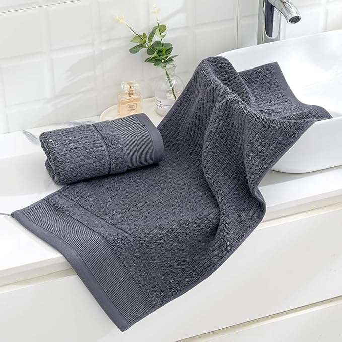 sense gnosis Dark Grey Hand Towel Thick Ribbed Striped Pattern 100% Cotton Absorbent 2 PC Hand Towel Set for Bathroom Home Decorative 13 x 29 Inch