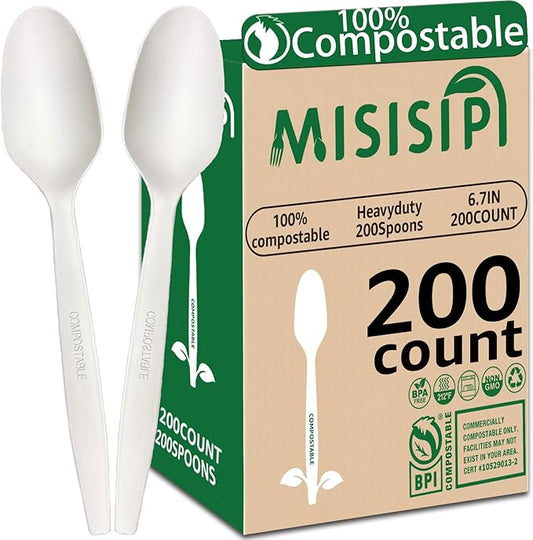 MISISIPI 200Count 100% Compostable Spoons Biodegradable Spoon HeavyDuty No Plastic Spoons Eco-friendly HeavyWeight Disposable Spoon Tableware Set for Lounge,Party,BBQ,Cafeteria,Wedding,Picnic