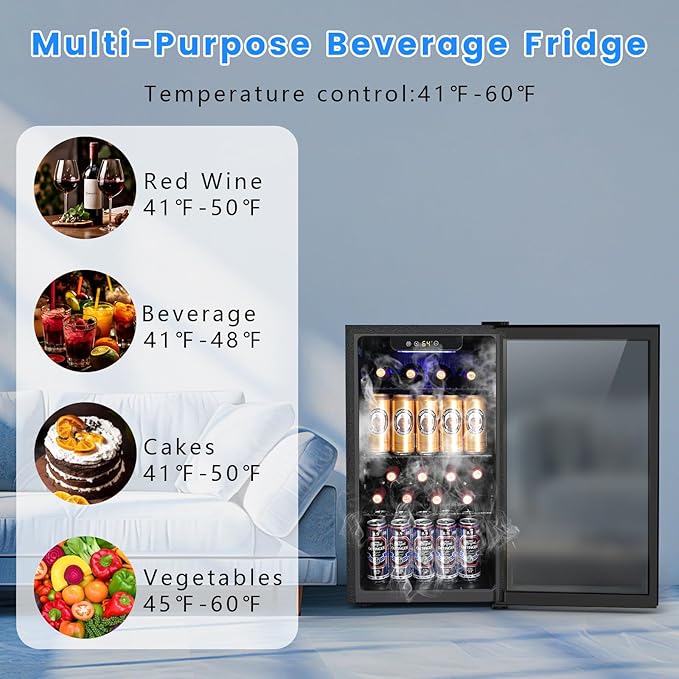26 Bottle Wine Cooler 130 Can Beverage Refrigerator, Small Freestanding Cabinet Wine Cellar with 32℉-61℉ Temperature Control Glass Door, Black