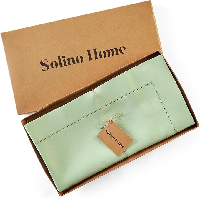 Solino Home Linen Tablecloth 52 x 52 Inch - 100% Pure Linen Light Green Square Tablecloth - Classic Hemstitch, Machine Washable Table Throw