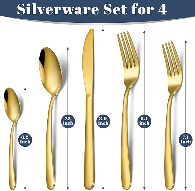 Gold Silverware Set - 20PCS Stainless Steel Silverware Set for 4, Includes Forks Spoons and Knives, Utensil Sets for Home Kitchen Restaurant, Dishwasher Safe